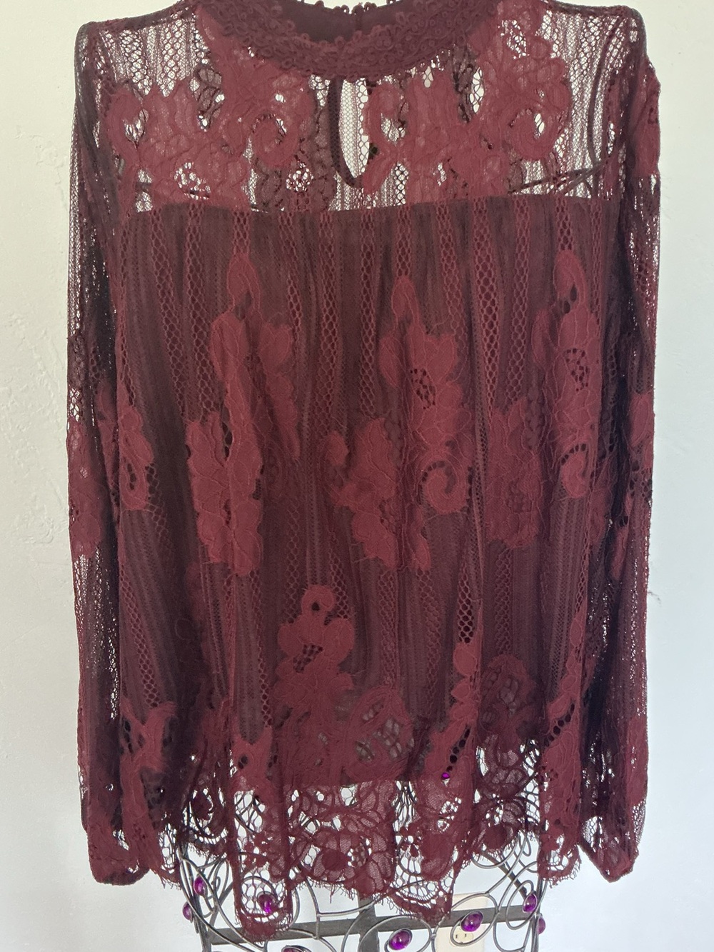 Xhilaration Burgundy Lace High-Neck Long-Sleeve Blouse - Picture 6 of 8